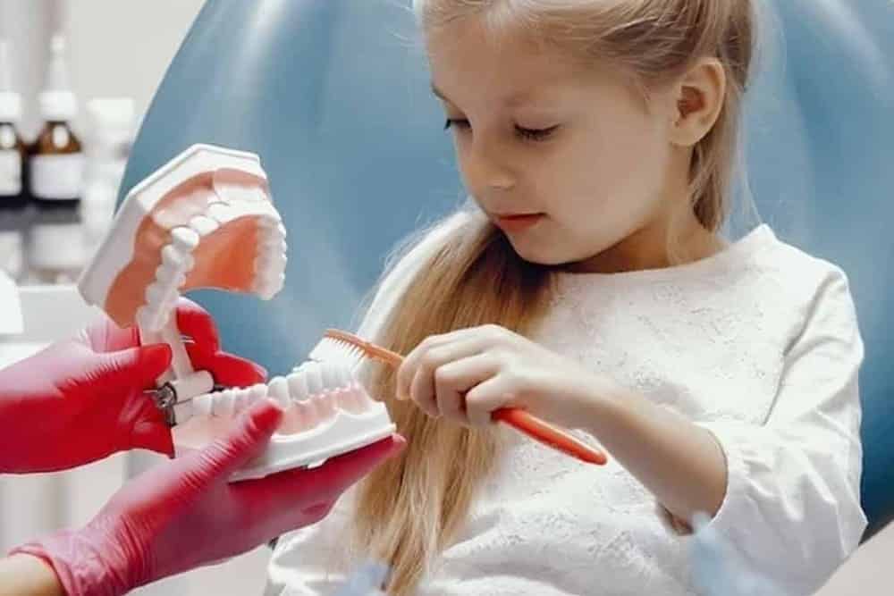dentista enseñando a infante a cepillarse los dientes