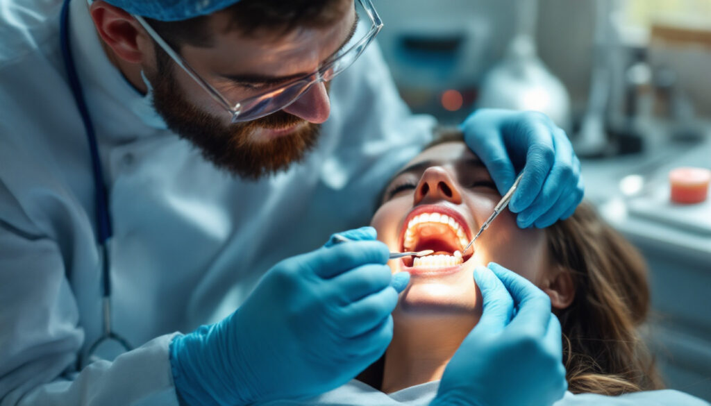 dentista revisando los dientes de un paciente en una clinica dental