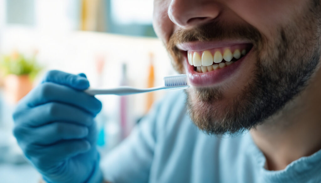 hombre sonriendo mientras limpia protesis dental