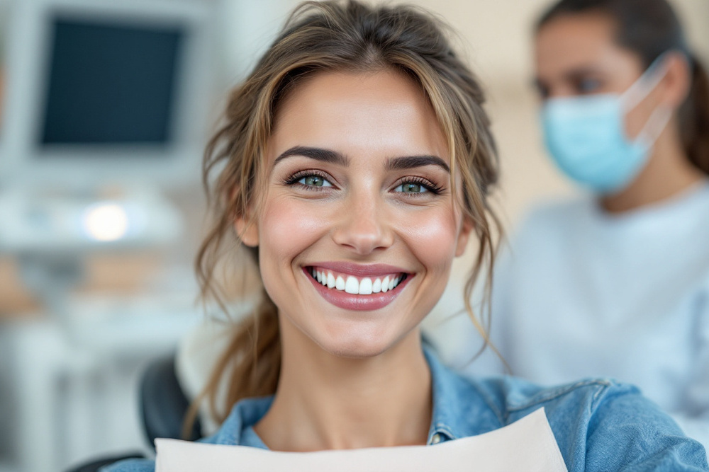 mujer sonriendo en consultorio dental con dentista de fondo