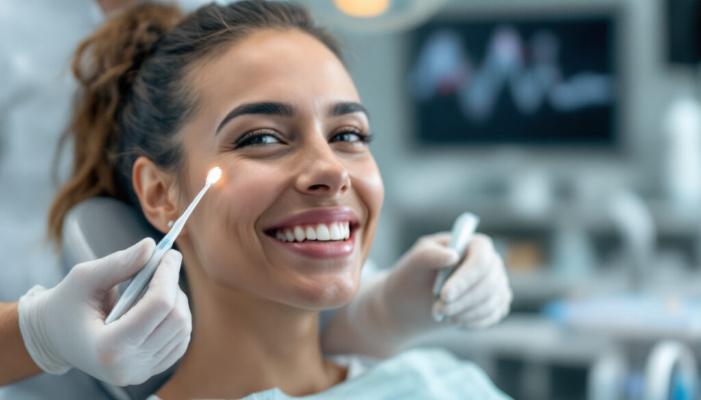 mujer sonriendo mostrando dientes en consultorio dental