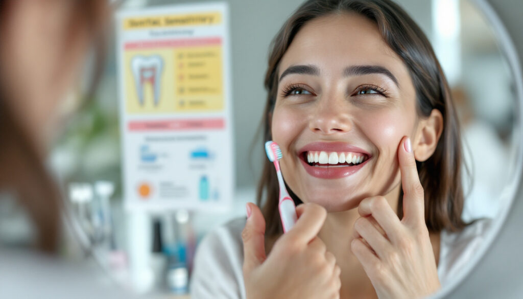 mujer tocando su mejilla mientras sonrie en clinica dental