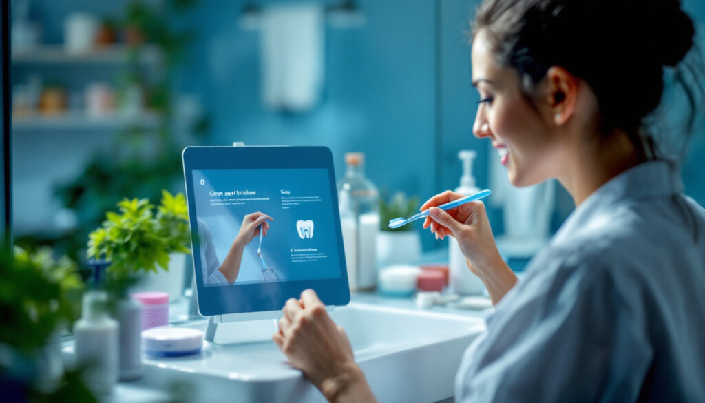 mujer utilizando tecnologia digital para protesis dental