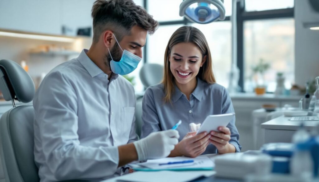 dentista explicando tratamiento paciente consulta dental
