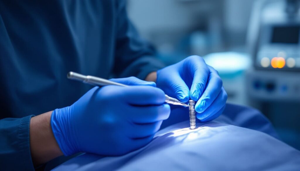dentista con guantes azules revisando boca paciente en clinica