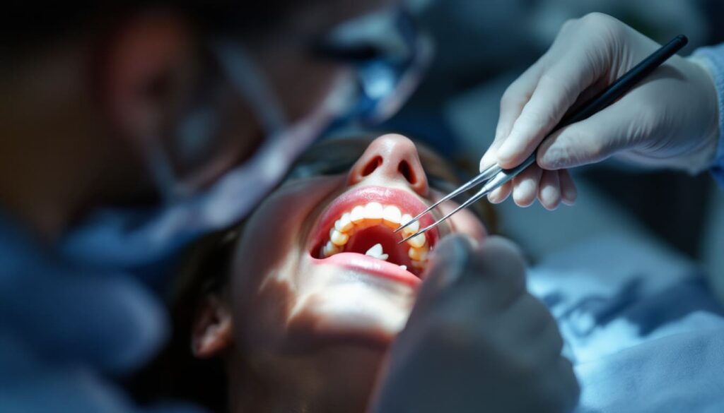 dentista revisando dientes en clinica con paciente boca abierta