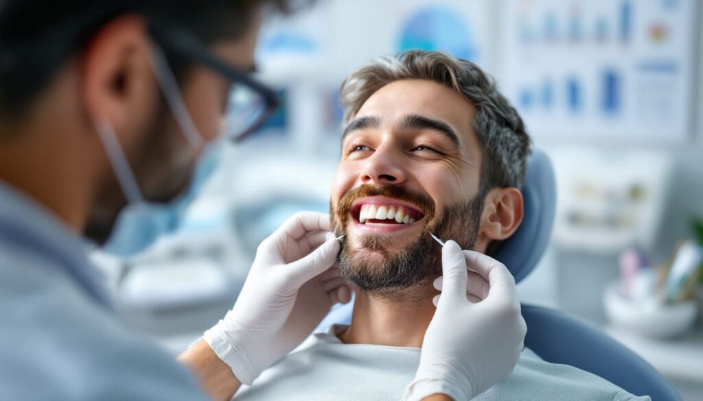 hombre sonriendo en consulta dental con dentista