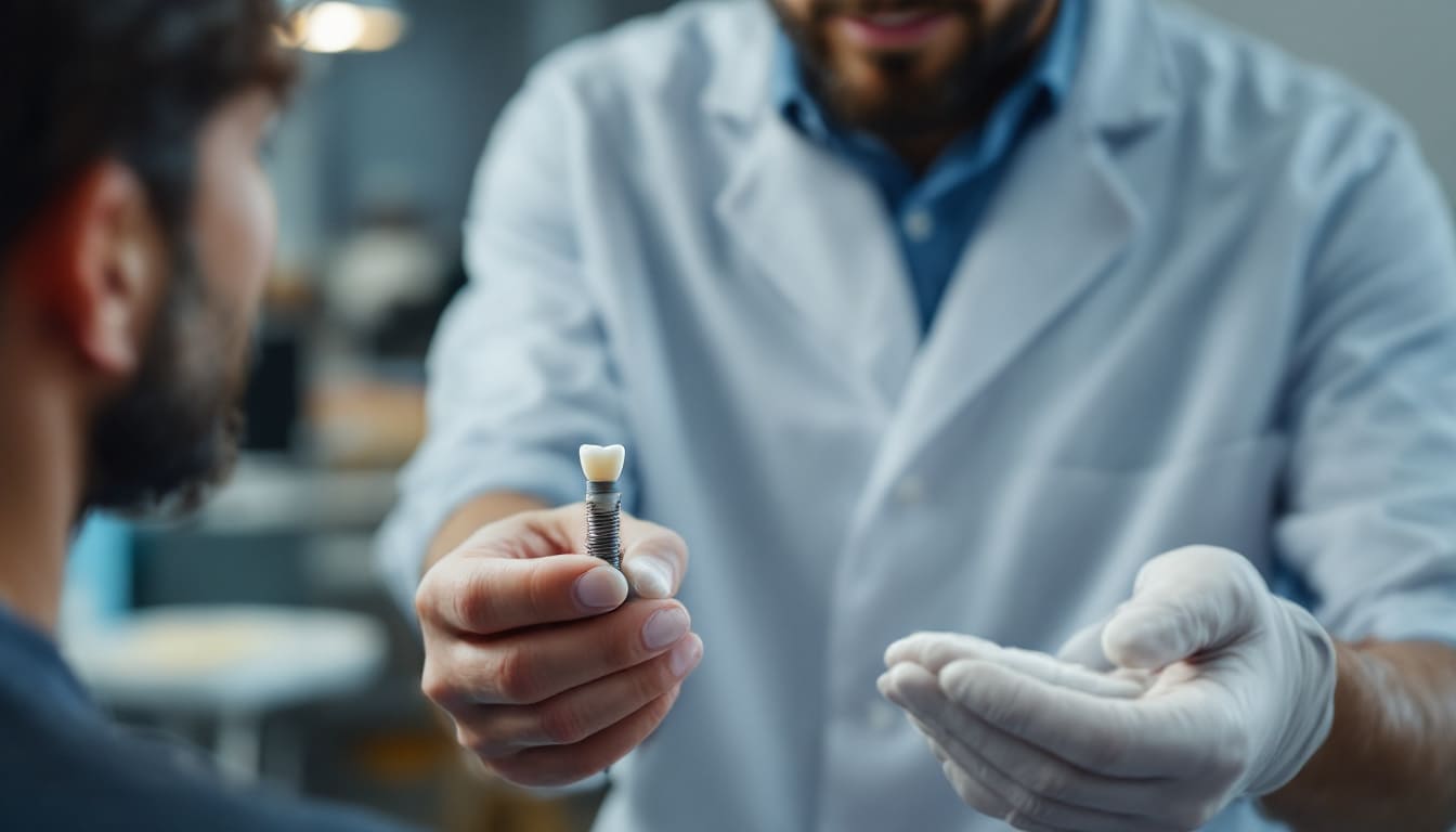 dentista sosteniendo implante dental en consulta mientras paciente escucha