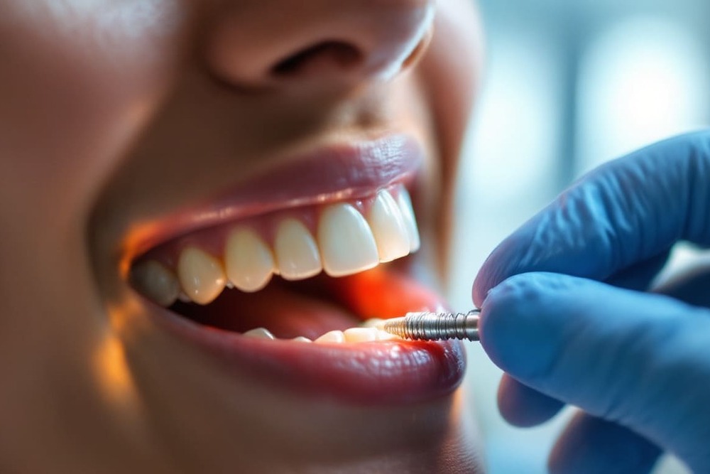 detalle de diente con aplicacion de material dental en clinica