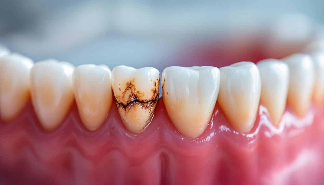 A photograph of a close-up of a patient's teeth showing signs of wear and uneven alignment