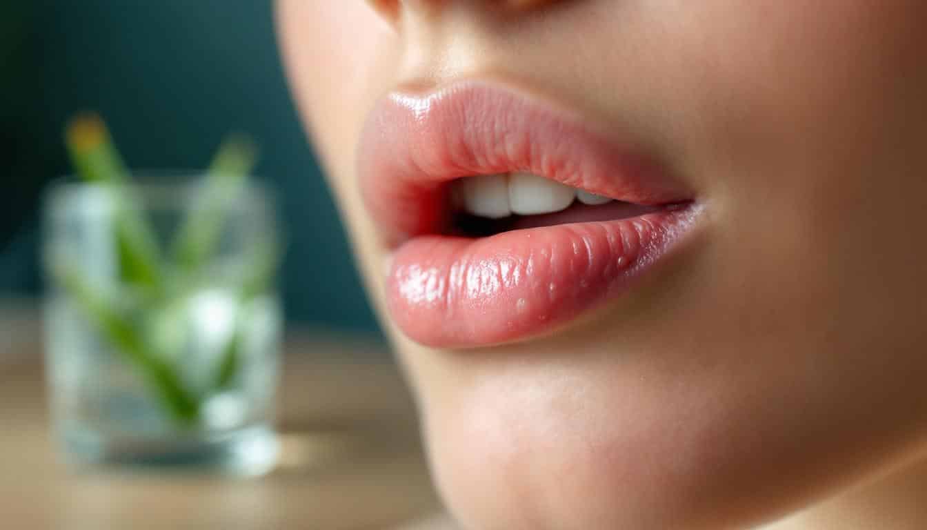 A photograph of a close-up of a person's mouth showing the inside of their cheek with visible canker sores