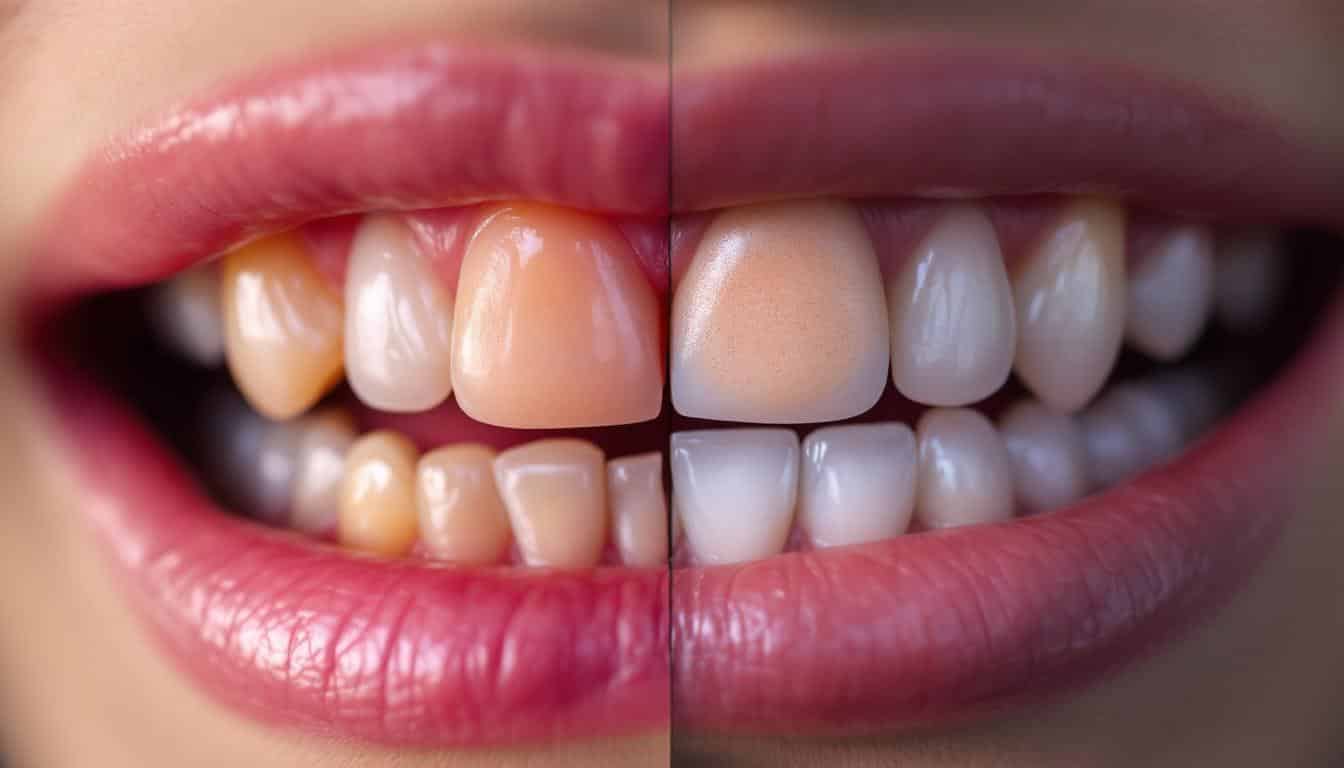 A photograph of a close-up of a healthy oral cavity contrasted with an image showing early signs of leukoplakia