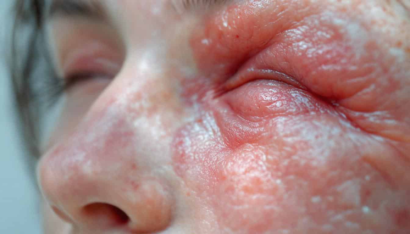 A photograph of a close-up of healthy and abnormal skin textures