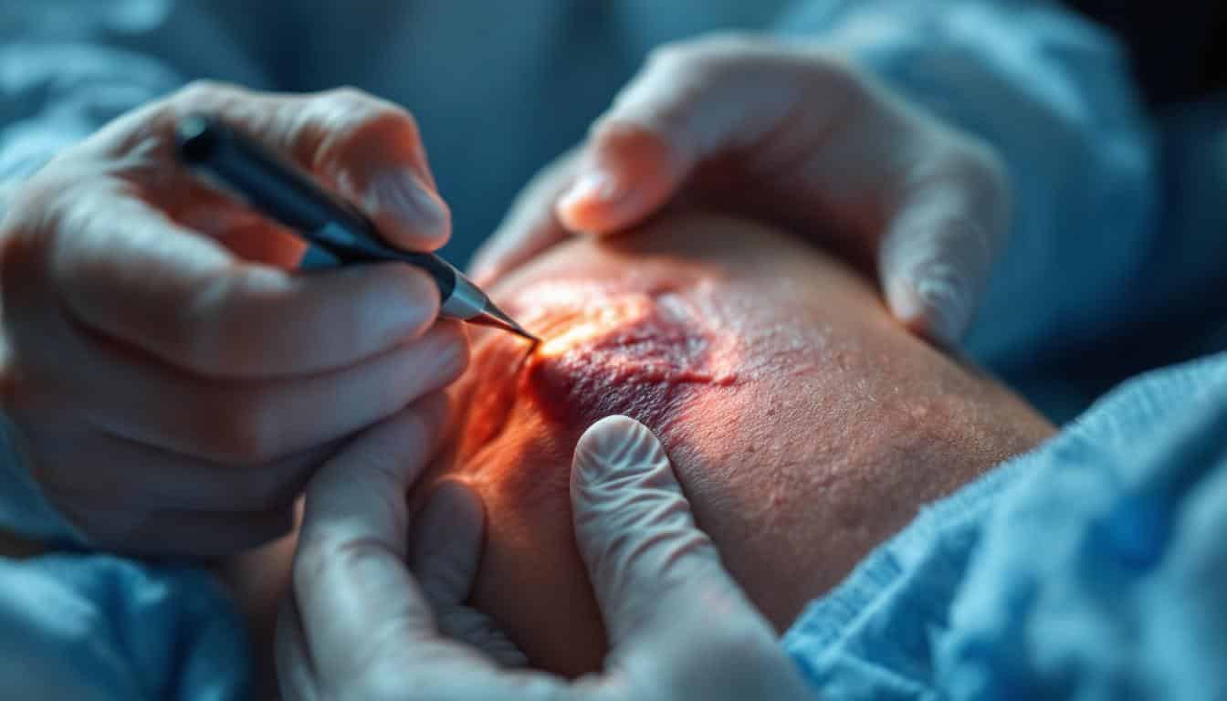 A photograph of a close-up of a healthcare professional examining a patient's skin