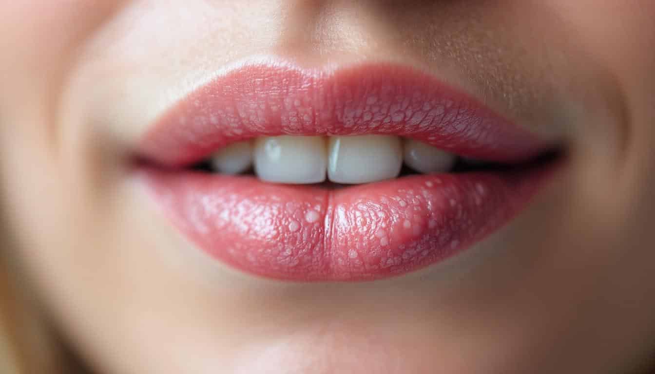 A photograph of a close-up of a patient’s mouth showing the characteristic white lacy lesions associated with oral lichen planus