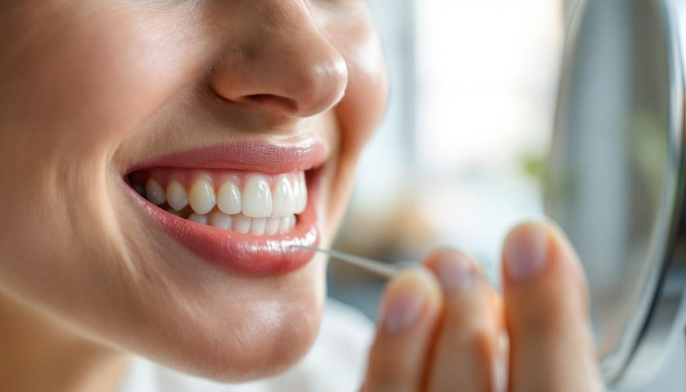 Encías inflamadas: Síntomas,c ausas y tratamientos que funcionan A photograph of a close-up of a person gently inspecting their gums in front of a mirror
