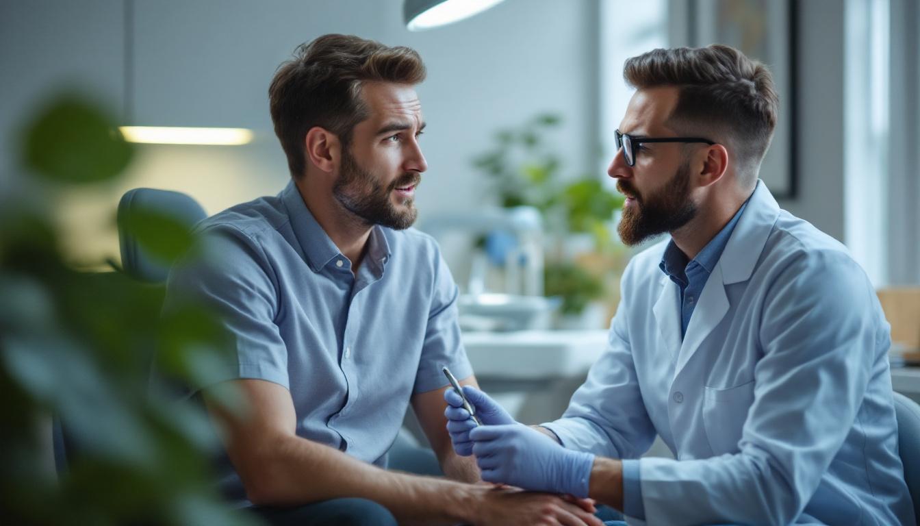 A photograph of a concerned patient consulting with a dentist in a bright