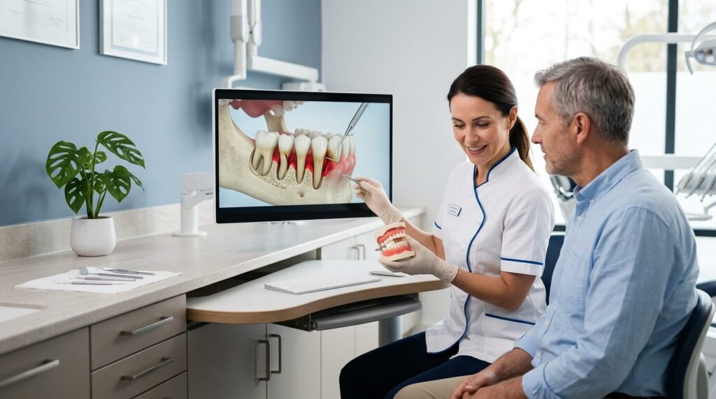 dentista enseñando radiografía a paciente