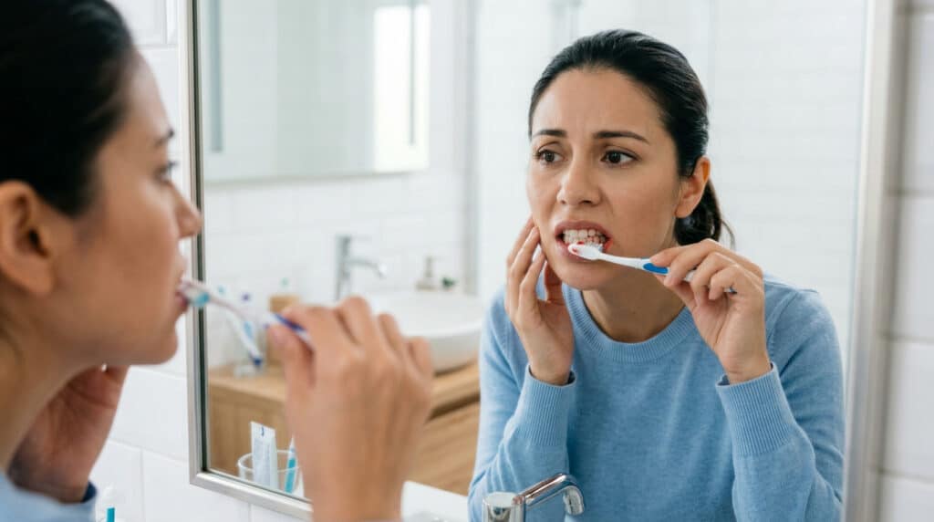 mujer doliéndose al limpiarse los dientes