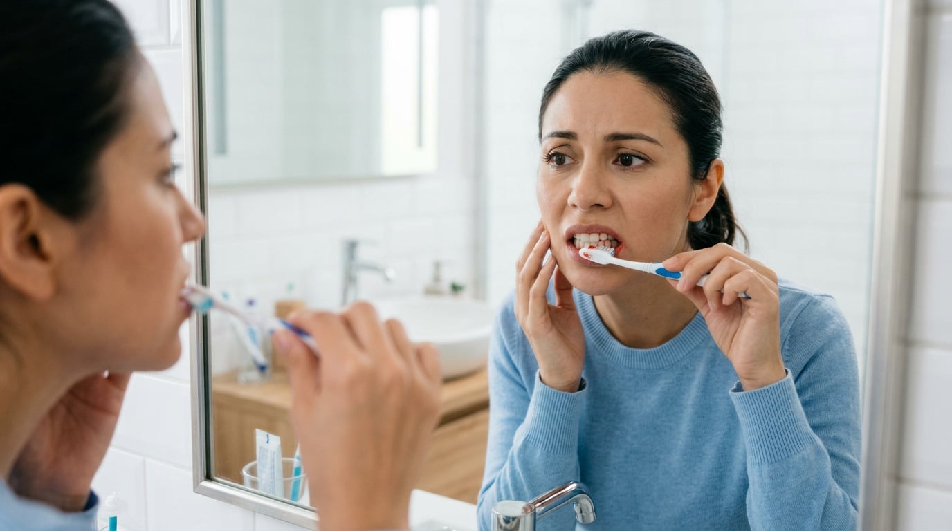 mujer doliéndose al limpiarse los dientes