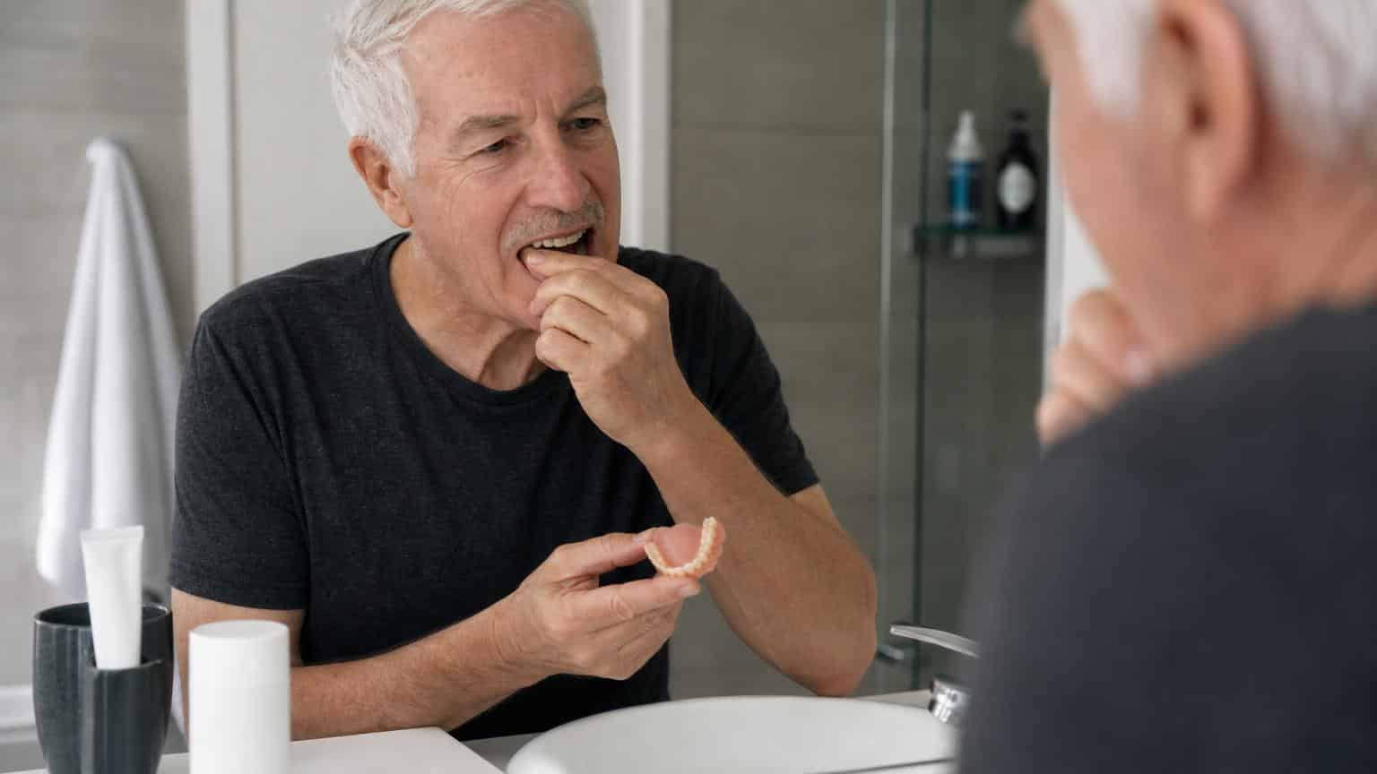 Senior man with white hair looking in a bathroom mirror while holding a dental prosthesis and preparing to place it in his mouth.