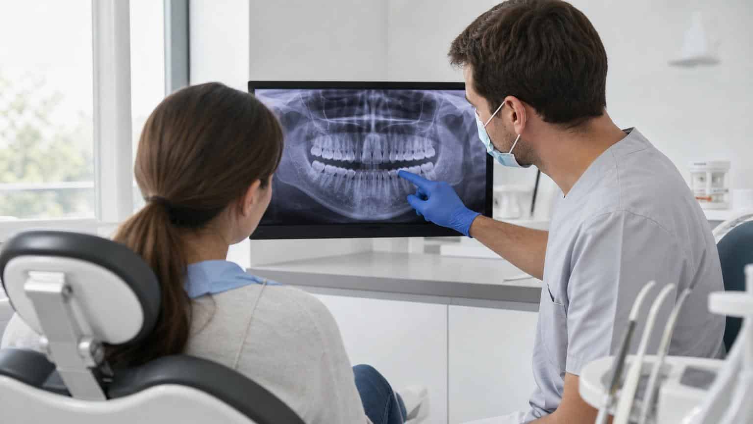Dentist in a mask and blue gloves pointing to a panoramic dental X-ray on a monitor while consulting with a female patient in a bright clinic.