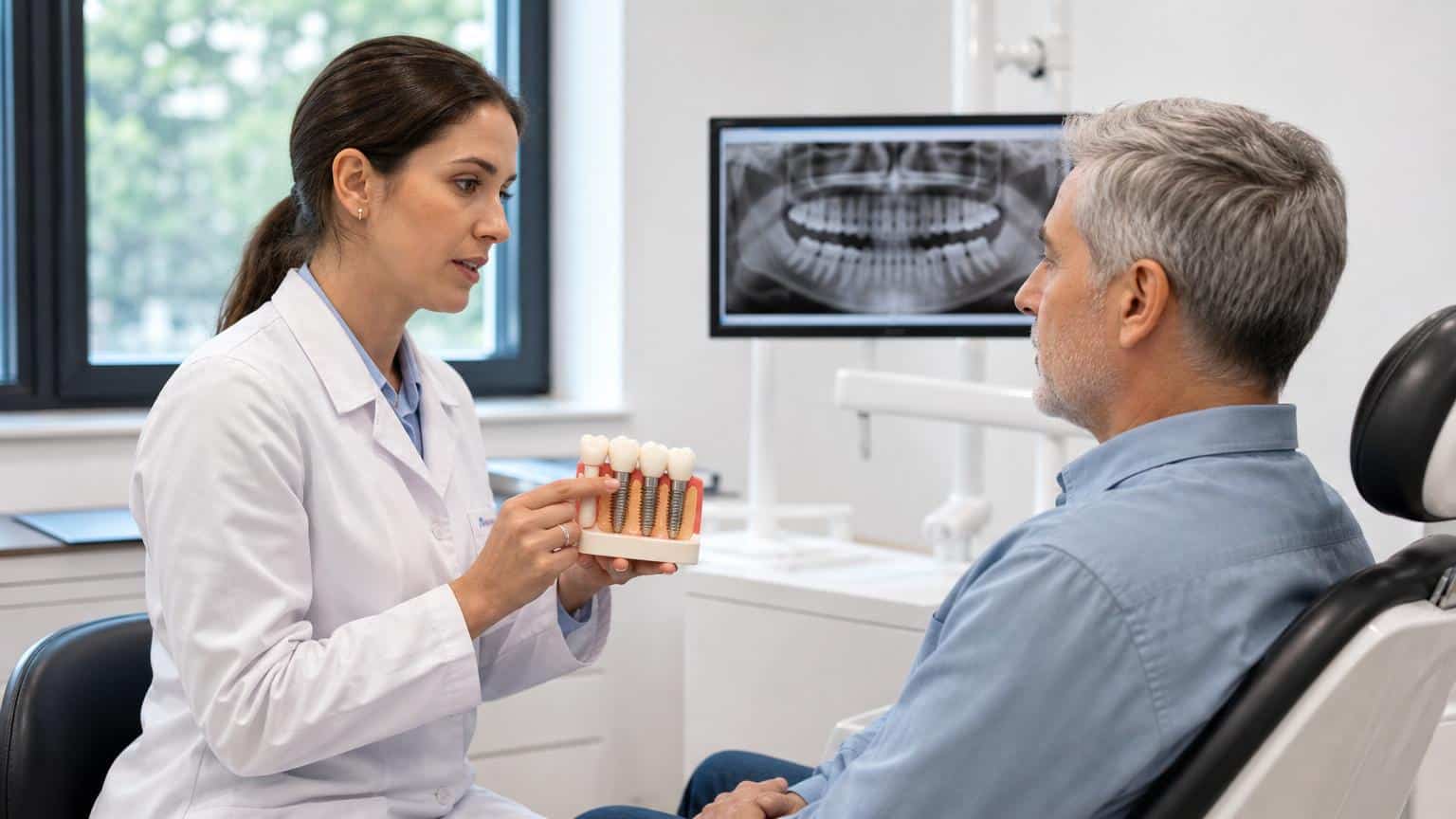 Female dentist in a white coat showing a dental implant model to a male patient in a clinic with a digital X-ray in the background.