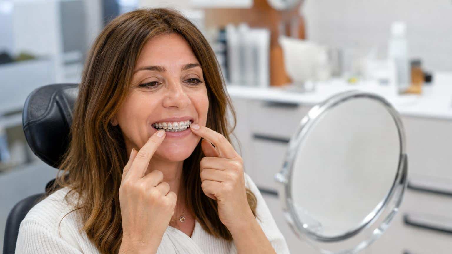 Smiling adult woman with brown hair looking in a mirror and pointing to her clear ceramic dental braces in a bright clinic setting.