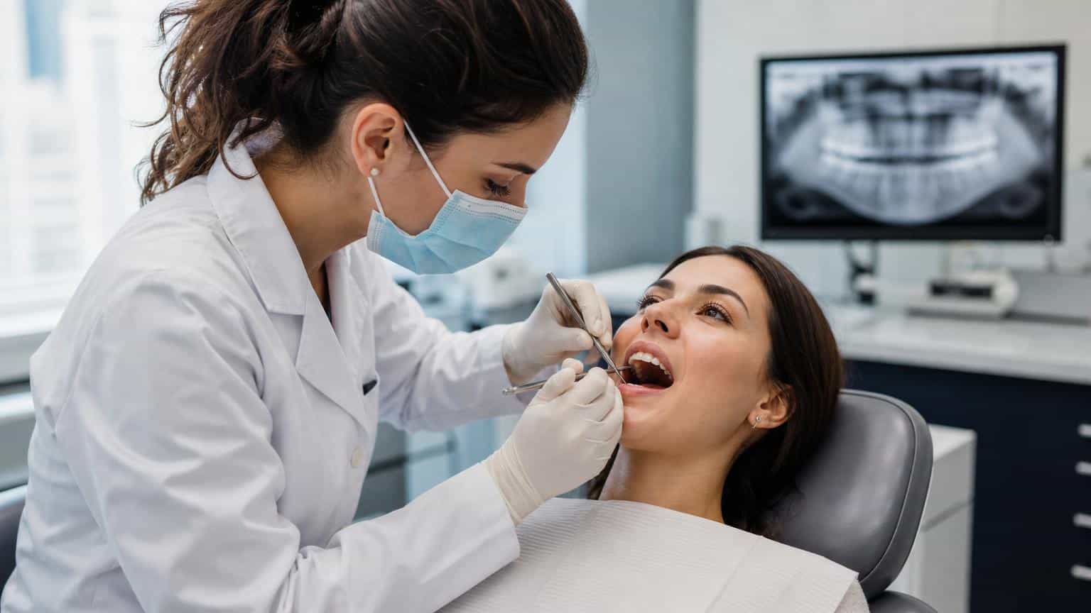 Female dentist in a face mask and gloves performing a dental procedure on a patient with a panoramic X-ray visible in the background.