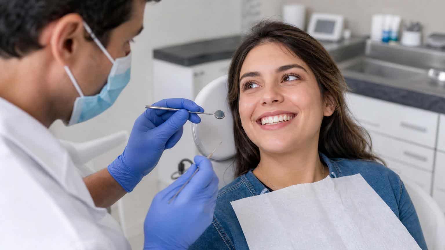 Smiling woman in a dental chair looking at a dentist in blue gloves holding a mouth mirror and probe during a checkup.