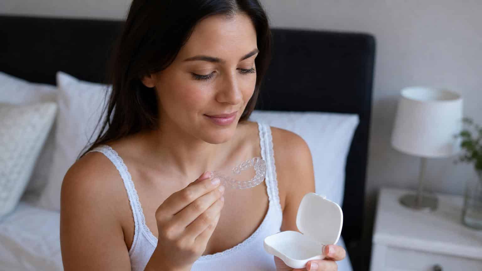 Woman in a white tank top sitting on a bed, holding a clear dental night guard and its open white storage case.
