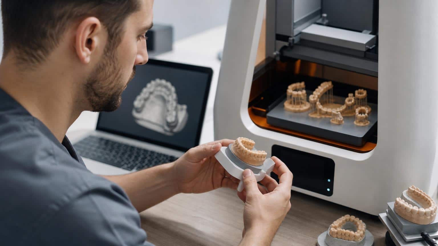 Dental technician holding a 3D-printed resin jaw model next to a professional 3D printer and a laptop showing a digital dental scan.